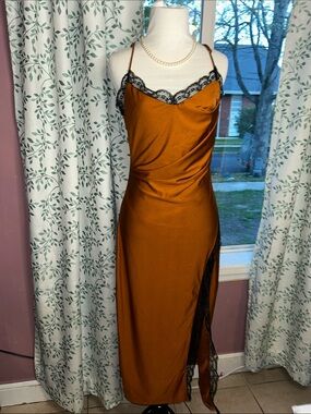 Fashion Nova Satin Maxi Slip Dress in Rust with Black Lace Trim